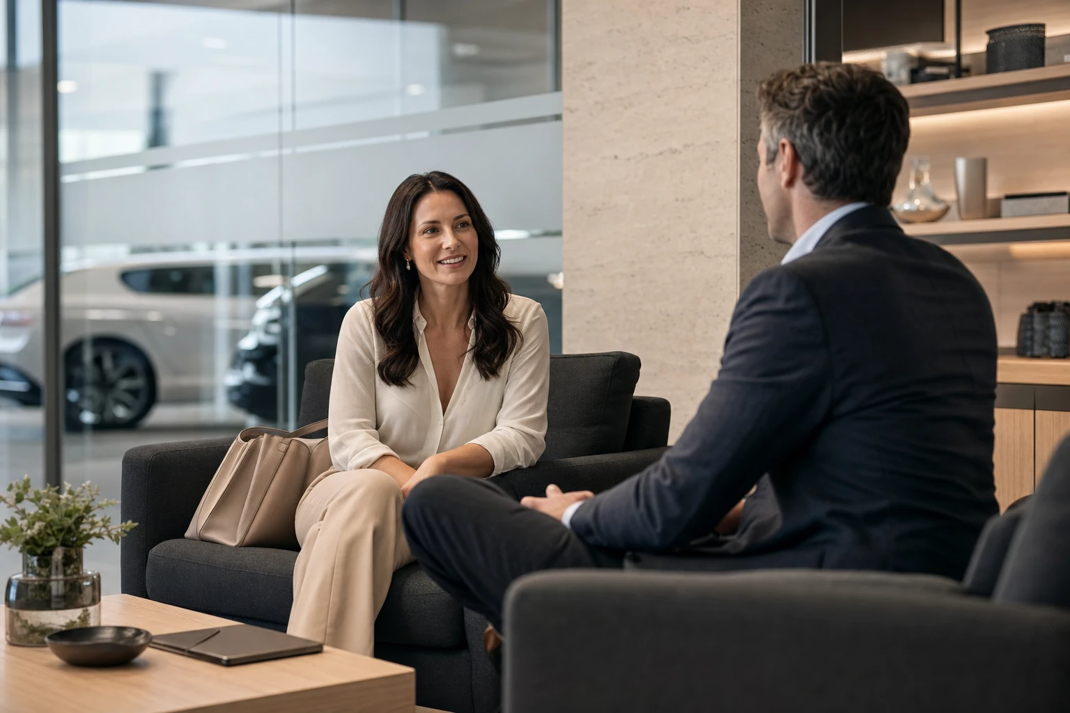 Customer and dealership advisor in conversation